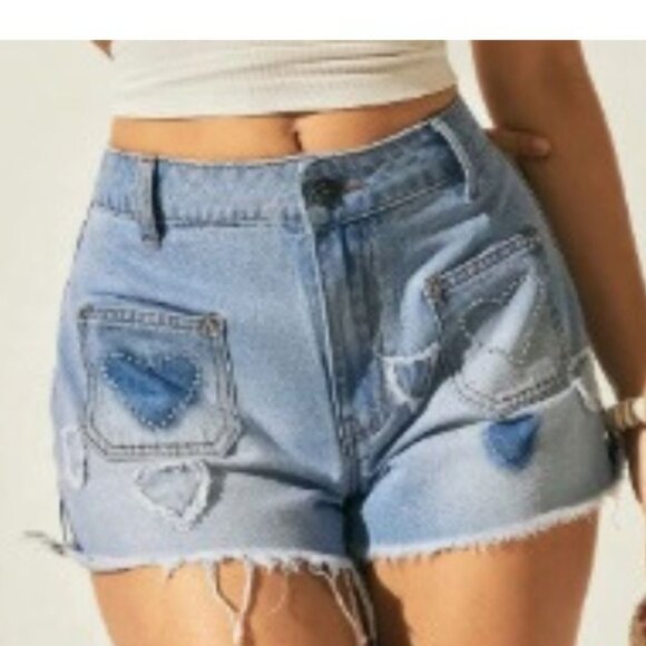 Pants - NEW 2026 Heart Patchwork rhinestone Denim Jean Shorts